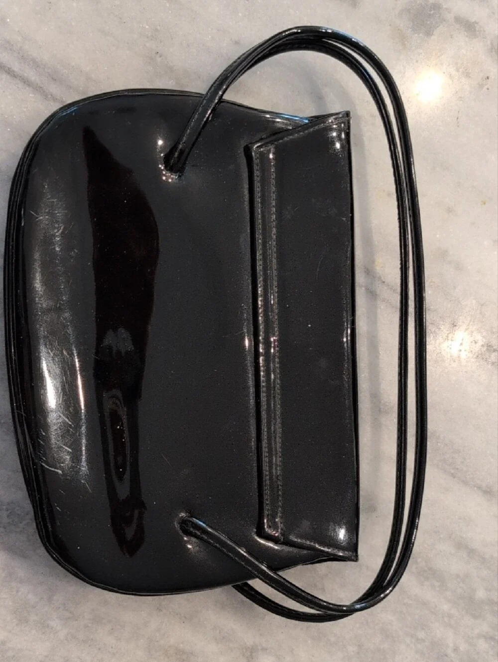 Vintage Glossy Black Patent Handbag with Slim Straps